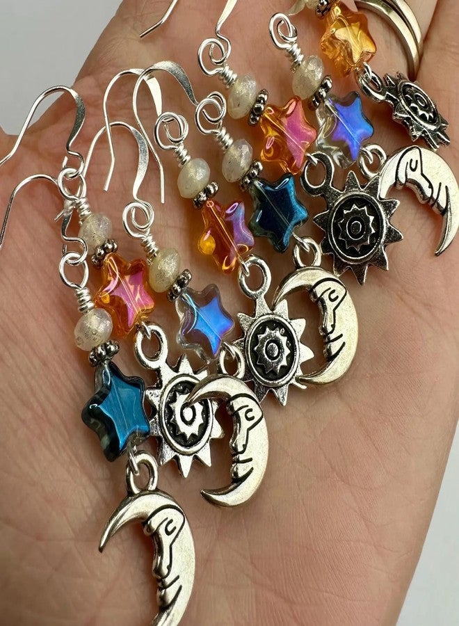 Agromusk Vintage Sun Moon Star Dangle Earrings for Women,Boho Celestial Jewelry Asymmetric Drop Earrings Silver Iridescent Orange Blue Retro Earrings Gifts(Light Blue) - Image 5
